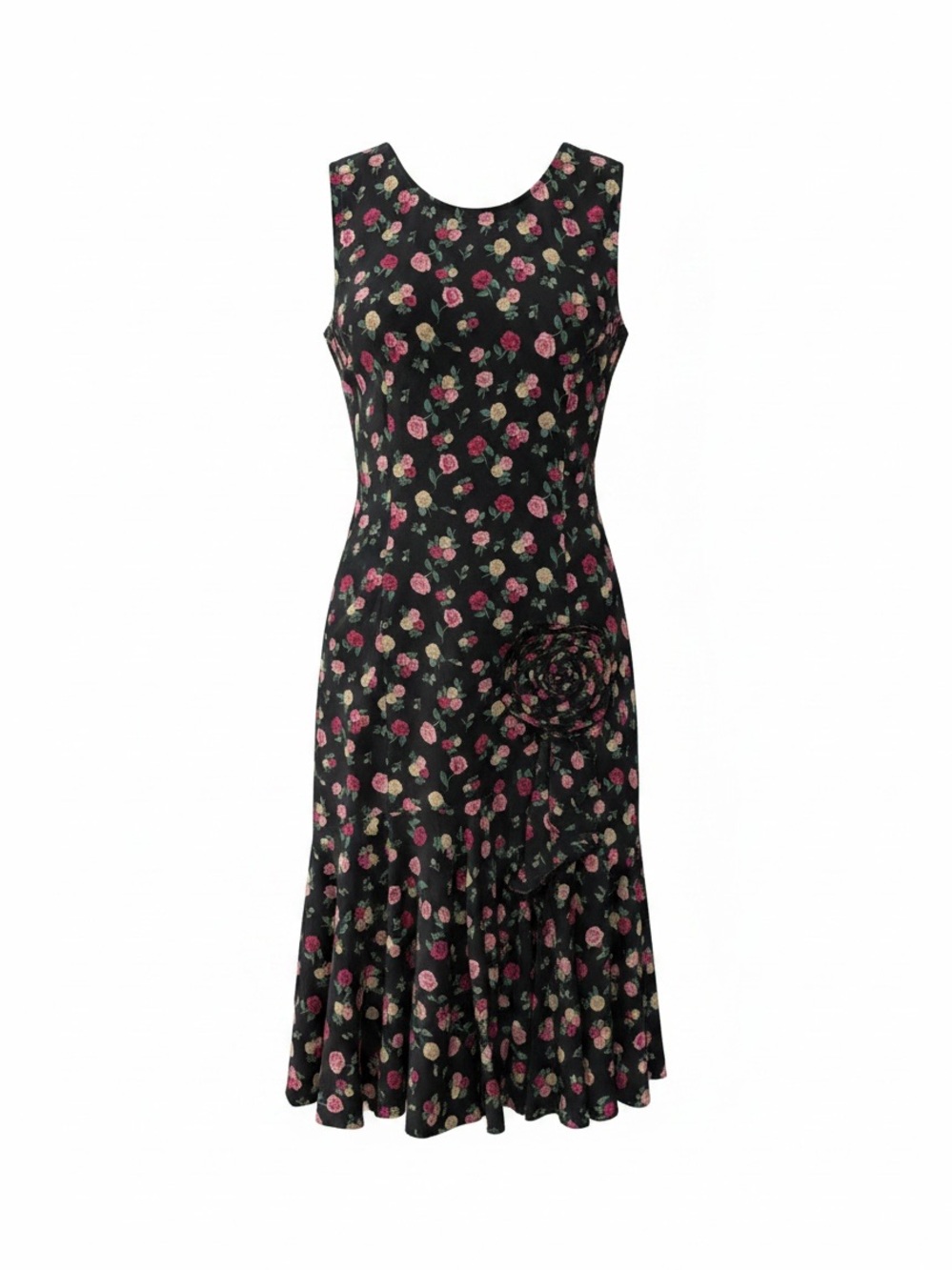 Vintage!! Floral Sleeveless Black Midi Dress with Pink Red & Cream Roses. Size 6